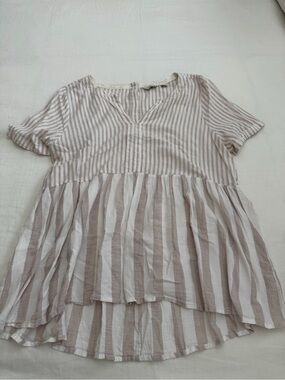 Anthropologie Beige and White Striped V-Neck Peplum Blouse